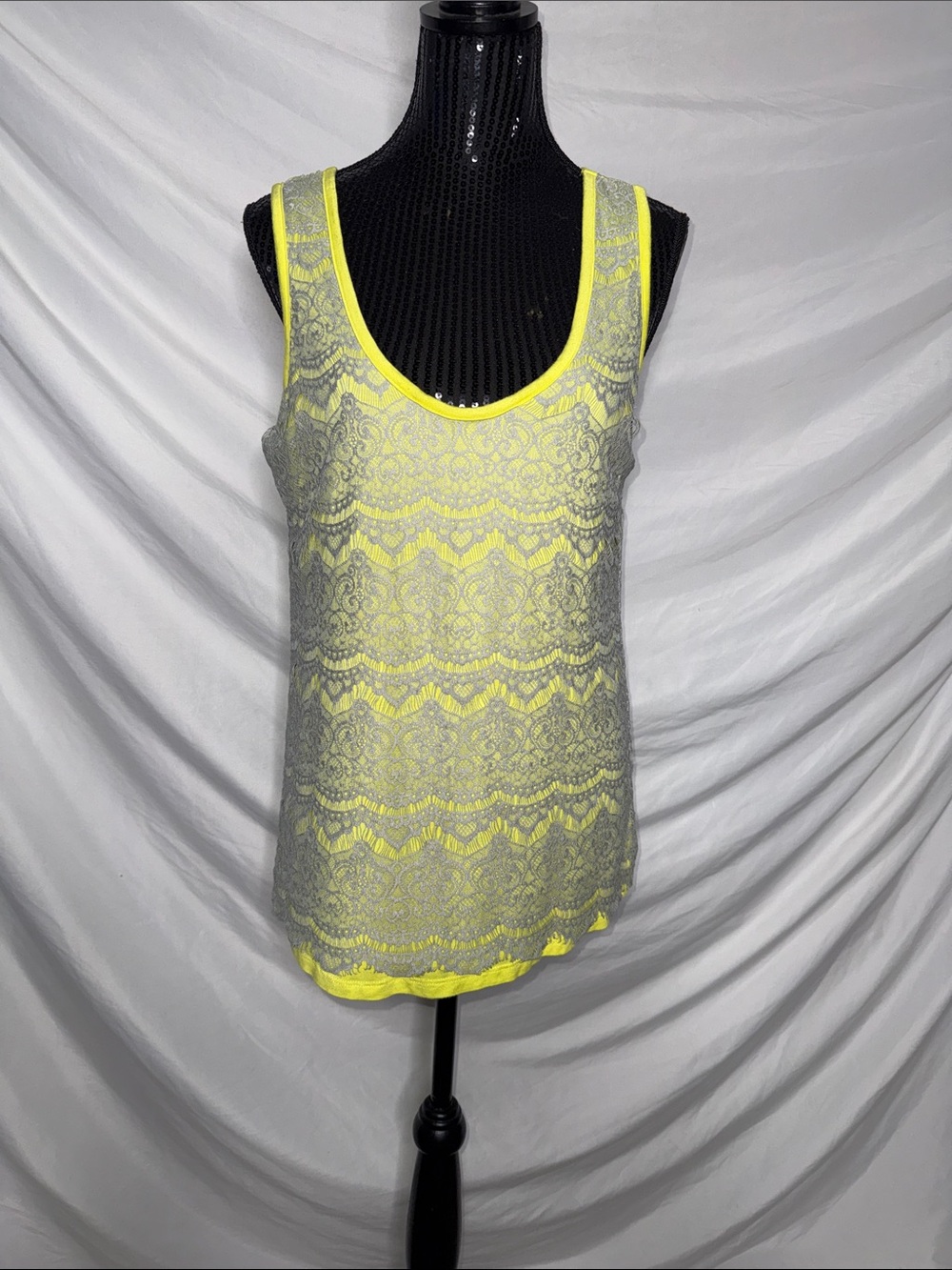 Mossimo Supply Co. Neon Yellow Tank with Gray Lace Overlay